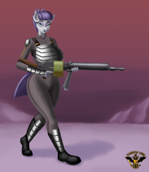 Size: 7680x8870 | Tagged: safe, artist:tsaritsaluna, imported from derpibooru, maud pie, anthro, earth pony, alternate hairstyle, alternate timeline, apocalypse maud, armor, crystal war timeline, female, gun, looking at you, machine gun, mare, solo, weapon