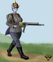 Size: 7680x8870 | Tagged: safe, alternate version, artist:tsaritsaluna, imported from derpibooru, maud pie, anthro, earth pony, alternate hairstyle, clothes, female, germany, gun, looking at you, machine gun, mare, pickelhaube, solo, uniform, weapon, world war i