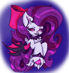 Size: 2660x2788 | Tagged: safe, artist:umbrapone, imported from derpibooru, oc, oc:nightshine, bat pony, pony, abstract background, antagonist, bat ears, bat pony oc, black lipstick, bust, cheek fluff, chest fluff, cloven hooves, collar, curly hair, curly mane, fangs, gem, jewelry, large wings, lipstick, metal, shiny, slit pupils, spiral, unshorn fetlocks, villainess, wings