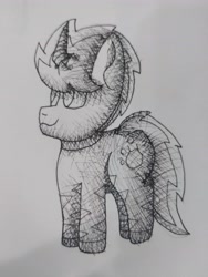 Size: 3456x4608 | Tagged: safe, artist:acid flask, derpibooru exclusive, imported from derpibooru, oc, oc:acid flask, unicorn, zebra, zebracorn, 2d, crosshatch, curved horn, happy, high res, horn, ink, ink drawing, jpg, long tail, looking sideways, looking to the left, looking up, male, picture, shading, short, smiling, solo, spiky mane, stallion, tail, traditional art, unicorn oc