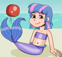 Size: 659x598 | Tagged: safe, artist:ocean lover, imported from derpibooru, wind sprint, human, mermaid, ball, bandeau, bare midriff, bare shoulders, beach, belly, belly button, buckball, child, cute, fins, fish tail, freckles, human coloration, humanized, looking at you, mermaid tail, mermaidized, mermay, midriff, ms paint, outdoors, sand, short hair, sitting, sky, sleeveless, smiling, smiling at you, species swap, tail, tail fin, water