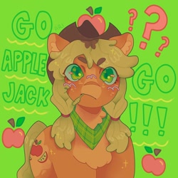 Size: 1440x1440 | Tagged: safe, artist:ariariari.png, imported from derpibooru, applejack, earth pony, pony, alternate cutie mark, alternate hairstyle, apple, bandana, cowboy hat, food, hat, question mark, solo, text