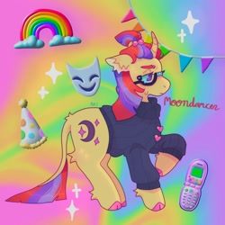Size: 1440x1440 | Tagged: safe, artist:ariariari.png, imported from derpibooru, moondancer, pony, clothes, cloven hooves, curved horn, female, hat, horn, leonine tail, mask, party hat, phone, rainbow, solo, sweater, tail