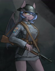 Size: 3165x4096 | Tagged: safe, artist:blvckmagic, imported from derpibooru, oc, oc only, oc:clair de lune, anthro, bat pony, big breasts, breasts, clothes, female, foxhole(game), gun, helmet, mare, military, military uniform, rifle, solo, uniform, weapon