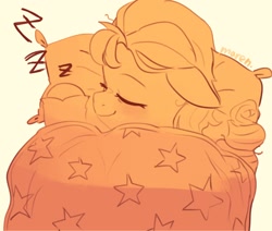 Size: 2412x2048 | Tagged: safe, artist:maren, imported from derpibooru, sunny starscout, earth pony, pony, blanket, cute, eyes closed, g5, onomatopoeia, pillow, sleeping, sound effects, sunnybetes
