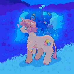 Size: 1440x1440 | Tagged: safe, artist:ariariari.png, imported from derpibooru, oc, oc only, oc:cinnamon satin, oc:northern crown, donkey, hybrid, mule, pony, unicorn, bracelet, duo, horn, hybrid oc, jewelry, muleicorn, question mark, unicorn oc