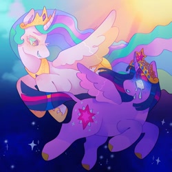 Size: 1440x1440 | Tagged: safe, artist:ariariari.png, imported from derpibooru, princess celestia, twilight sparkle, alicorn, pony, colored hooves, crown, crying, day, glowing, glowing eyes, jewelry, night, regalia, smiling, spread wings, twilight sparkle (alicorn), wings