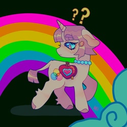 Size: 1440x1440 | Tagged: safe, artist:ariariari.png, imported from derpibooru, oc, oc only, oc:cinnamon satin, hybrid, mule, pony, alternate versions at source, bag, hairclip, jewelry, muleicorn, necklace, question mark, rainbow, saddle bag, solo