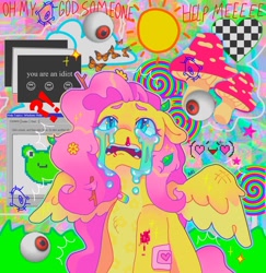 Size: 1440x1483 | Tagged: safe, artist:ariariari.png, imported from derpibooru, fluttershy, pegasus, pony, aesthetics, alternate versions at source, bandaid, bleeding, blood, crying, distressed, eyeball, eyestrain warning, flower, flower in hair, injured, leaves, leaves in hair, lyrics in the description, nosebleed, panic attack, sobbing, solo, stick, text, webcore, weird