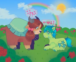 Size: 1440x1163 | Tagged: safe, artist:ariariari.png, imported from derpibooru, sandbar, yona, pony, bow, cloud, cloven hooves, confession, duo, female, flower, grass, grass field, hair bow, male, monkey swings, neurodivergent, neurodivergent headcanon, rainbow, shipping, straight, sun, sweat, sweatdrop, yonabar