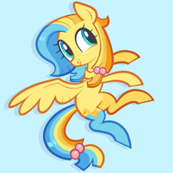 Size: 5000x5000 | Tagged: safe, artist:pilesofmiles, imported from derpibooru, oc, oc only, bird, duck, pegasus, pony, blue background, blue eyes, flying, multicolored hair, multicolored mane, multicolored tail, pegasus oc, pigtails, show accurate, simple background, solo, spread wings, tail, wings