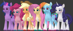Size: 1215x522 | Tagged: safe, artist:wreckham, imported from derpibooru, applejack, fluttershy, pinkie pie, rainbow dash, rarity, twilight sparkle, earth pony, pegasus, pony, unicorn, 3d, blender, female, g4, g4 to g5, g5, generation leap, gray background, group, height difference, mane six, mare, sextet, simple background, unicorn twilight