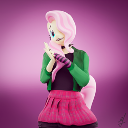 Size: 1920x1920 | Tagged: safe, artist:retro0range, imported from derpibooru, fluttershy, anthro, pegasus, 3d, blender, choker, clothes, cute, draw this in your style, dtiys emoflat, evening gloves, female, fingerless elbow gloves, fingerless gloves, gloves, grin, hair over one eye, hands together, head tilt, jacket, long gloves, looking up, mare, simple background, skirt, smiling, solo, spiked choker, striped gloves, tail