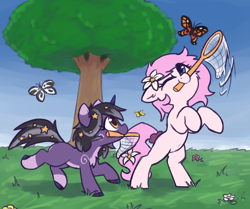 Size: 2244x1873 | Tagged: safe, artist:rivibaes, imported from derpibooru, oc, oc only, oc:kayla, oc:rivibaes, butterfly, earth pony, unicorn, female, filly, flower, flower in hair, foal, horn, jewelry, net, tree