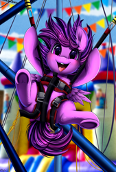 Size: 1926x2845 | Tagged: safe, artist:pridark, imported from derpibooru, oc, oc:emilia starsong, pegasus, pony, bouncing, bouncy castle, bungee cord, child, female, filly, foal, happy, harness, midair, pipes, ropes, single, trampoline