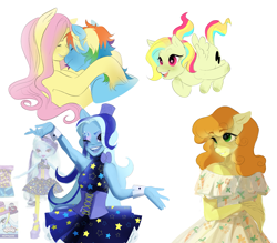 Size: 2545x2225 | Tagged: safe, artist:aztrial, imported from derpibooru, carrot top, fluttershy, golden harvest, rainbow dash, trixie, oc, anthro, human, pegasus, equestria girls, female, flutterdash, lesbian, shipping, simple background, white background