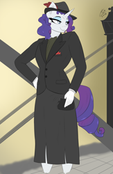 Size: 1300x2000 | Tagged: safe, artist:astrum, artist:astrum571, imported from derpibooru, rarity, anthro, unicorn, alternate hairstyle, clothes, coin purse, curvy, digital art, feathered hat, female, gloves, hand on hip, hat, jacket, lidded eyes, looking sideways, purse, raised shoulder, skirt, smiling, solo, suit
