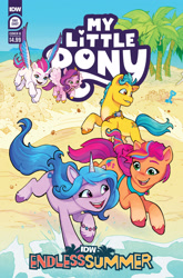 Size: 2063x3131 | Tagged: safe, artist:jack lawrence, idw, imported from derpibooru, hitch trailblazer, izzy moonbow, pipp petals, sunny starscout, zipp storm, earth pony, pegasus, pony, unicorn, spoiler:comic, spoiler:g5, spoiler:g5comic, beach, blaze (coat marking), bracelet, coat markings, comic cover, facial markings, female, friendship bracelet, g5, happy, high res, idw endless summer, jewelry, male, mane five (g5), mare, my little pony logo, official, official comic, open mouth, open smile, pale belly, palm tree, sandcastle, shovel, smiling, socks (coat markings), spread wings, stallion, tree, unshorn fetlocks, wings