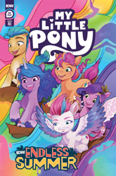 Size: 2063x3131 | Tagged: safe, idw, imported from derpibooru, hitch trailblazer, izzy moonbow, pipp petals, sunny starscout, zipp storm, earth pony, pegasus, pony, unicorn, spoiler:comic, spoiler:g5, spoiler:g5comic, coat markings, comic cover, female, g5, happy, high res, idw endless summer, male, mane five (g5), mare, my little pony logo, official, official comic, open mouth, open smile, rainbow background, smiling, socks (coat markings), stallion, surfing, unshorn fetlocks