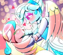 Size: 2061x1802 | Tagged: safe, artist:questionmarkdragon, imported from derpibooru, oc, pegasus, semi-anthro, unicorn, choker, clothes, crossdressing, dancing, dress, duo, female, floppy ears, horn, hug, makeup, male, oc x oc, pegasus oc, shipping, smiling, straight, unicorn oc, winghug, wings