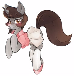 Size: 3941x4032 | Tagged: safe, artist:haichiroo, imported from derpibooru, oc, oc only, oc:silver bubbles, pony, unicorn, blushing, clothes, crossdressing, embarrassed, femboy, male, miniskirt, simple background, skirt, solo, sports, tennis, white background