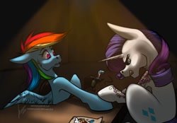 Size: 1180x820 | Tagged: safe, artist:stirren, imported from derpibooru, rainbow dash, rarity, pegasus, pony, unicorn, duo, duo female, female, tattoo, tattoo artist