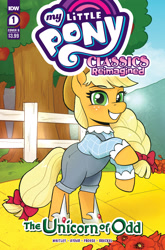 Size: 2063x3131 | Tagged: safe, artist:robin easter, idw, imported from derpibooru, applejack, earth pony, pony, spoiler:comic, apple, apple tree, applejack's hat, bow, clothes, comic cover, cowboy hat, dorothy gale, female, g4, hair bow, hat, high res, mare, munchkin country, my little pony classics reimagined: the unicorn of odd, my little pony logo, official, official comic, overalls, oz, poppy, rearing, silver shoes, the unicorn of odd, the wizard of oz, tree, yellow brick road