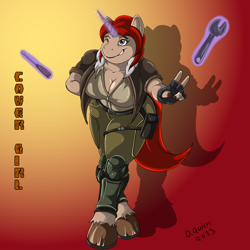 Size: 1000x1000 | Tagged: safe, artist:quicktron, imported from derpibooru, anthro, unguligrade anthro, unicorn, anthrofied, bomber jacket, breasts, cleavage, clothes, cover girl, female, fingerless gloves, g.i. joe, gloves, glowing, glowing horn, gradient background, horn, jacket, magic, military uniform, one eye closed, peace sign, ponified, screwdriver, signature, smiling, solo, telekinesis, uniform, wink, wrench