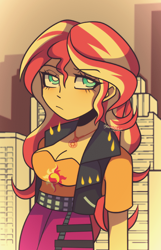 Size: 570x886 | Tagged: safe, artist:granatty, imported from derpibooru, sunset shimmer, equestria girls, breasts, busty sunset shimmer, city, cityscape, cleavage, female, frown, geode of empathy, magical geodes, signature, solo