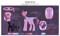 Size: 2913x1755 | Tagged: safe, artist:sparkie45, imported from derpibooru, oc, oc:sparkie, alicorn, dragon, hybrid, pony, fangs, forked tongue, reference sheet, solo, uvula