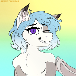 Size: 2000x2000 | Tagged: safe, artist:sergefoxpaws, imported from derpibooru, oc, oc only, bat, bat pony, pony, chest fluff, commission, fangs, gradient background, human shoulders, icon, smiling, solo, wings