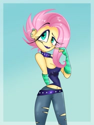 Size: 833x1110 | Tagged: safe, artist:catanymoon, imported from derpibooru, fluttershy, equestria girls, equestria girls series, the road less scheduled, the road less scheduled: fluttershy, spoiler:eqg series (season 2), anatomically incorrect, belly button, blue background, breasts, busty fluttershy, cleavage, female, flutterpunk, simple background, smiling, solo