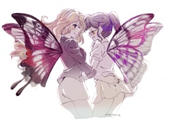 Size: 1203x855 | Tagged: safe, artist:5mmumm5, imported from derpibooru, sci-twi, sunset shimmer, twilight sparkle, human, equestria girls, butterfly wings, duo, female, hand on hip, lesbian, looking at each other, looking at someone, scitwishimmer, shipping, simple background, smiling, smiling at each other, sunsetsparkle, white background, wings