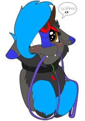 Size: 2072x2930 | Tagged: safe, artist:brainiac, imported from derpibooru, oc, oc only, oc:heccin pepperino, kirin, blushing, collar, cute, fangs, female, leash, mare, ocbetes, pet play, simple background, solo, starry eyes, text, transparent background, walkies, wingding eyes