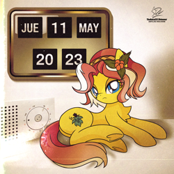 Size: 1920x1920 | Tagged: safe, artist:theratedrshimmer, imported from derpibooru, vignette valencia, earth pony, pony, butt, calendar, clock, cute, equestria girls ponified, female, looking at you, mare, plot, ponified, solo, spanish