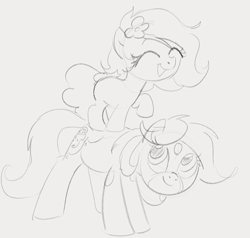 Size: 981x934 | Tagged: safe, artist:dotkwa, imported from derpibooru, oc, oc only, oc:deary dots, oc:kayla, earth pony, pony, duo, explicit source, eyes closed, female, filly, flower, flower in hair, foal, gray background, grayscale, looking up, mare, monochrome, open mouth, open smile, ponies riding ponies, riding, simple background, sketch, smiling