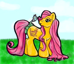 Size: 576x496 | Tagged: safe, artist:sakuracross, imported from derpibooru, baby katie, butterfly, pony, bow, g1, solo, tail, tail bow