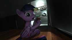 Size: 3840x2160 | Tagged: safe, artist:darkad8000, imported from derpibooru, twilight sparkle, alicorn, pony, 3d, burger, caught, eating, female, food, hamburger, looking at you, mare, midnight snack, night, refrigerator, sitting, solo, source filmmaker, twilight sparkle (alicorn)