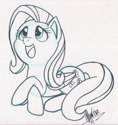 Size: 5100x4787 | Tagged: safe, artist:rhythm-is-best-pony, imported from derpibooru, fluttershy, pegasus, pony, absurd resolution, cute, daaaaaaaaaaaw, lying down, monochrome, open mouth, open smile, prone, shyabetes, sketch, smiling, solo, traditional art