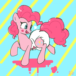 Size: 1920x1920 | Tagged: safe, artist:duckchip, imported from derpibooru, pinkie pie, earth pony, pony, abstract background, blushing, diaper, diaper fetish, diapered, female, fetish, g4, looking back, mare, poofy diaper, smiling, solo, white diaper