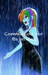 Size: 1286x2027 | Tagged: safe, artist:5mmumm5, imported from derpibooru, rainbow dash, equestria girls, black dress, clothes, commission, commissioner:ajnrules, dress, microphone, obtrusive text, rain, singing, solo