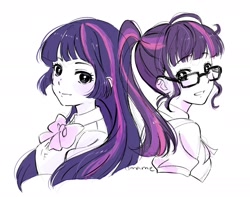 Size: 1536x1212 | Tagged: safe, artist:5mmumm5, imported from derpibooru, sci-twi, twilight sparkle, human, equestria girls, back to back, duo, duo female, female, glasses, human paradox, self paradox, simple background, twolight, white background