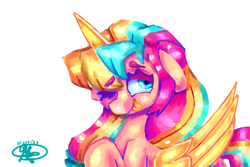 Size: 3600x2400 | Tagged: safe, alternate version, artist:mannybcadavera, imported from derpibooru, sunny starscout, alicorn, earth pony, pony, eyebrows, eyebrows visible through hair, female, floppy ears, g5, high res, mane stripe sunny, mare, one eye closed, race swap, signature, simple background, smiling, solo, sunnycorn, tongue out, white background