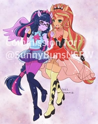 Size: 1624x2048 | Tagged: safe, artist:5mmumm5, imported from derpibooru, sci-twi, sunset shimmer, twilight sparkle, equestria girls, commission, commissioner:sunnybunsnsfw, duo, duo female, female, lesbian, obtrusive watermark, ponied up, scitwishimmer, shipping, sunsetsparkle, watermark