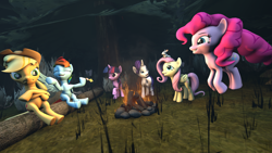 Size: 3840x2160 | Tagged: safe, artist:darkad8000, imported from derpibooru, applejack, fluttershy, pinkie pie, rainbow dash, rarity, twilight sparkle, alicorn, earth pony, pegasus, pony, rabbit, unicorn, 3d, angry, animal, campfire, camping, fire, food, forest, happy, laughing, mane six, smiling, source filmmaker, twilight sparkle (alicorn)