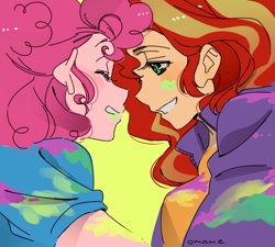 Size: 878x790 | Tagged: safe, artist:5mmumm5, imported from derpibooru, pinkie pie, sunset shimmer, equestria girls, duo, duo female, female, lesbian, looking at each other, looking at someone, paint stains, shipping, side view, smiling, smiling at each other, sunsetpie
