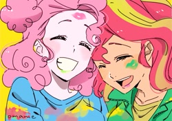 Size: 895x631 | Tagged: safe, artist:5mmumm5, imported from derpibooru, pinkie pie, sunset shimmer, equestria girls, duo, duo female, female, kiss mark, laughing, lesbian, lipstick, paint stains, shipping, simple background, smiling, sunsetpie, yellow background