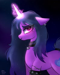 Size: 1623x2048 | Tagged: safe, artist:petaltwinkle, imported from derpibooru, izzy moonbow, pony, unicorn, choker, ear piercing, earring, female, floppy ears, g5, glowing, glowing horn, goth, goth izzy, horn, jewelry, lidded eyes, long mane, looking at you, mare, piercing, smiling, smiling at you, solo