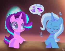 Size: 2048x1623 | Tagged: safe, artist:petaltwinkle, imported from derpibooru, starlight glimmer, trixie, twilight sparkle, alicorn, pony, unicorn, duo, eyes closed, female, great and powerful, mare, smiling, speech bubble, twilight sparkle (alicorn)