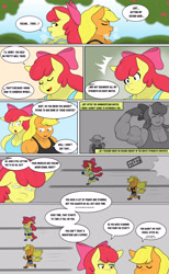 Size: 1889x3072 | Tagged: safe, artist:matchstickman, imported from derpibooru, apple bloom, applejack, anthro, earth pony, plantigrade anthro, tumblr:where the apple blossoms, abs, apple bloom's bow, apple brawn, apple sisters, applejacked, armpits, biceps, bow, breasts, busty apple bloom, busty applejack, clothes, comic, deltoids, dialogue, duo, emanata, female, flexing, hair bow, mare, matchstickman's apple brawn series, muscles, muscular female, older, older apple bloom, pecs, siblings, sisters, speech bubble, sweat, sweet apple acres, triceps, tumblr comic